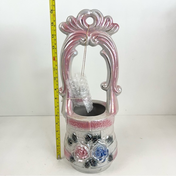 Vintage Mid Century Lusterware Pink Floral Wishing Well Planter & Water Bucket - Picture 5 of 16